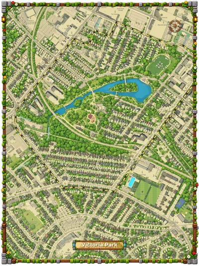 Early Video Game 2.0 map of Victoria Park combining stylized computer renderings with mapped streets and a game-style border