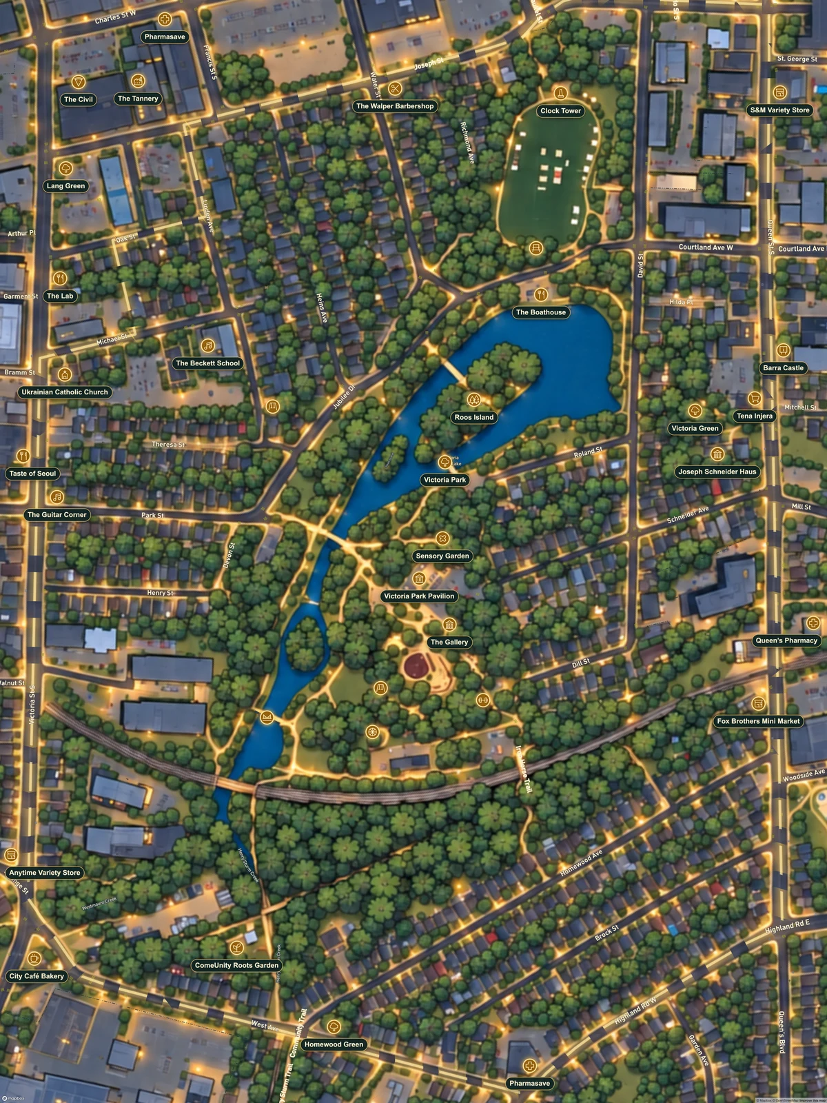 Illustrated Summer Night map of Victoria Park in Kitchener